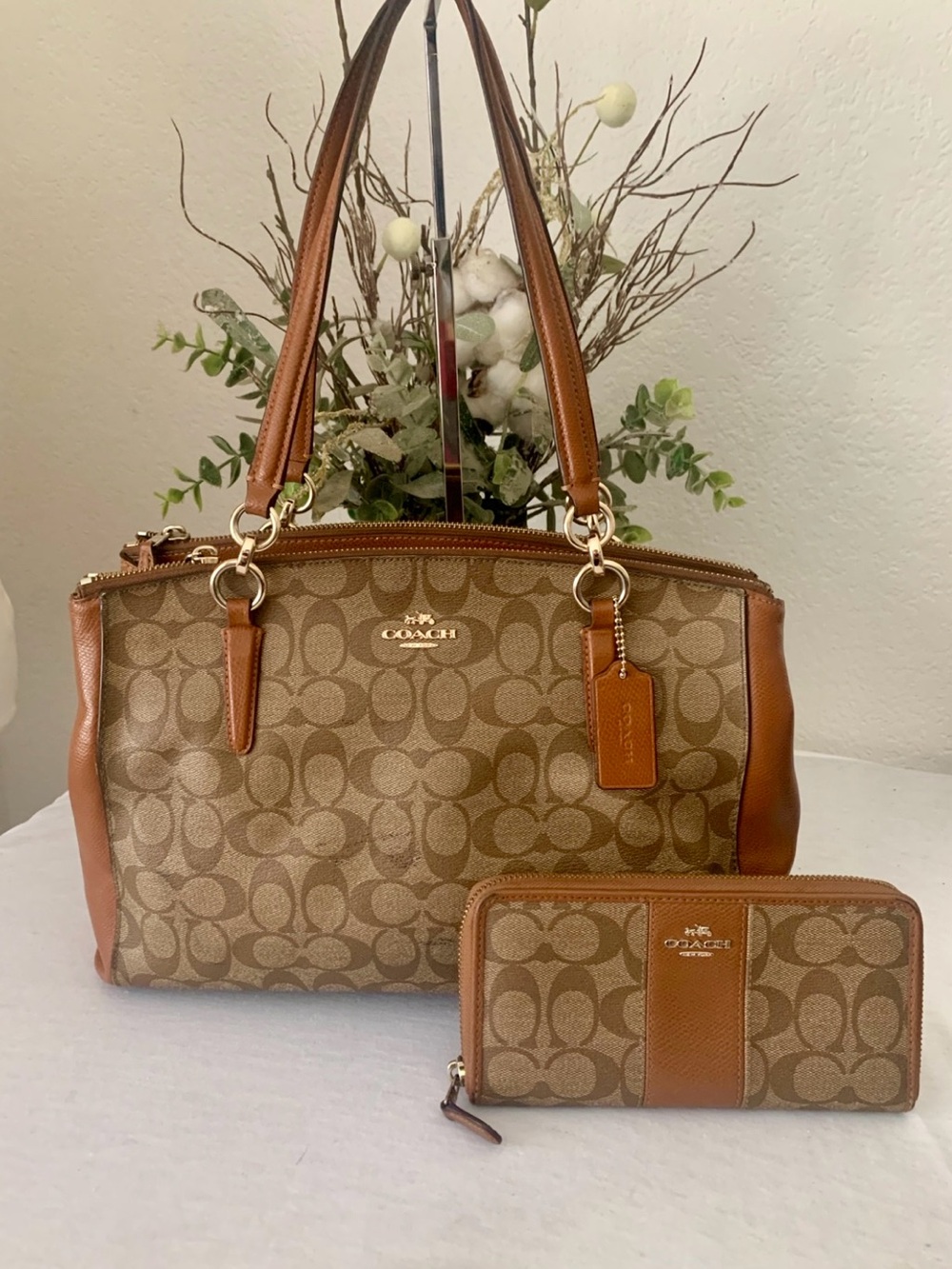 Coach Brown Signature Tote with Matching Zip Wallet